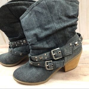 Decree Denim Stud Slouch Slip-on Boots Sz 7M